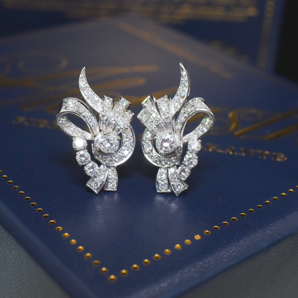 Vintage Retro Style 18ct White Gold Diamond Earrings - G Colour Diamonds / VS Colour Valuation For Retail Replacement For $10,730 AUD