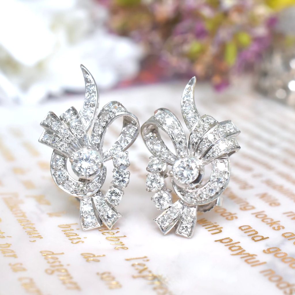 Vintage Retro Style 18ct White Gold Diamond Earrings - G Colour Diamonds / VS Colour Valuation For Retail Replacement For $10,730 AUD