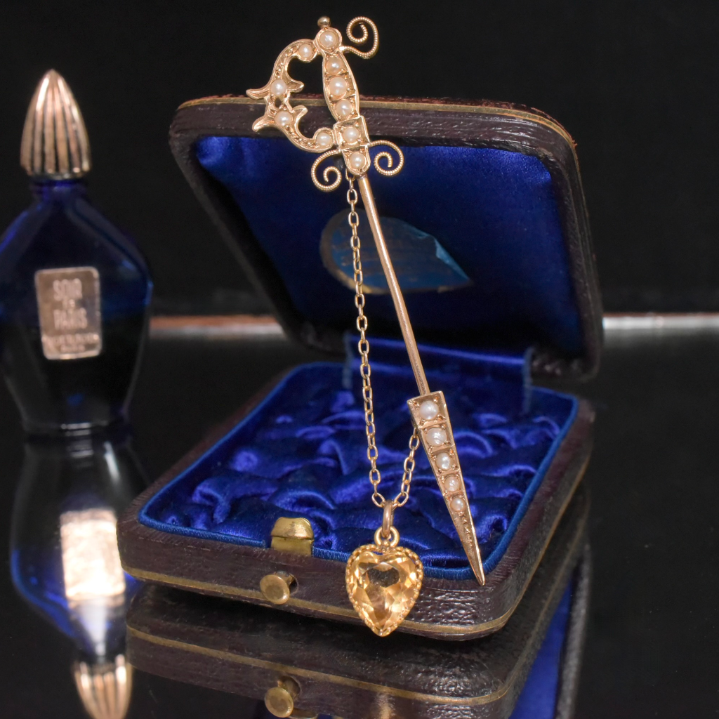 Antique Australian 15ct Rose Gold Heart Cut Citrine & Seed Pearl ‘Jabot Pin’ By Willis And Sons