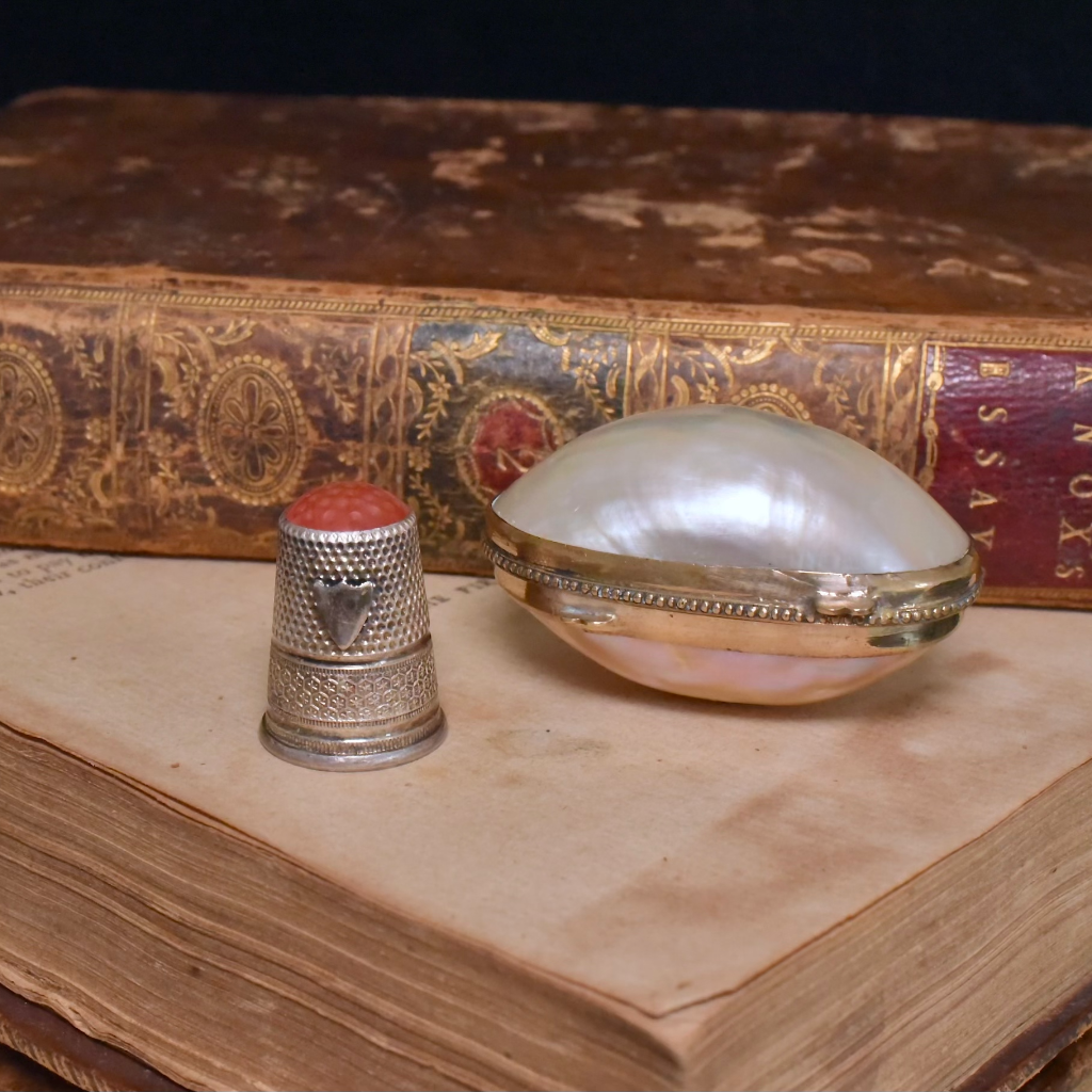 Antique Mother Of Pearl Thimble Case With Silver Thimble Circa 1900