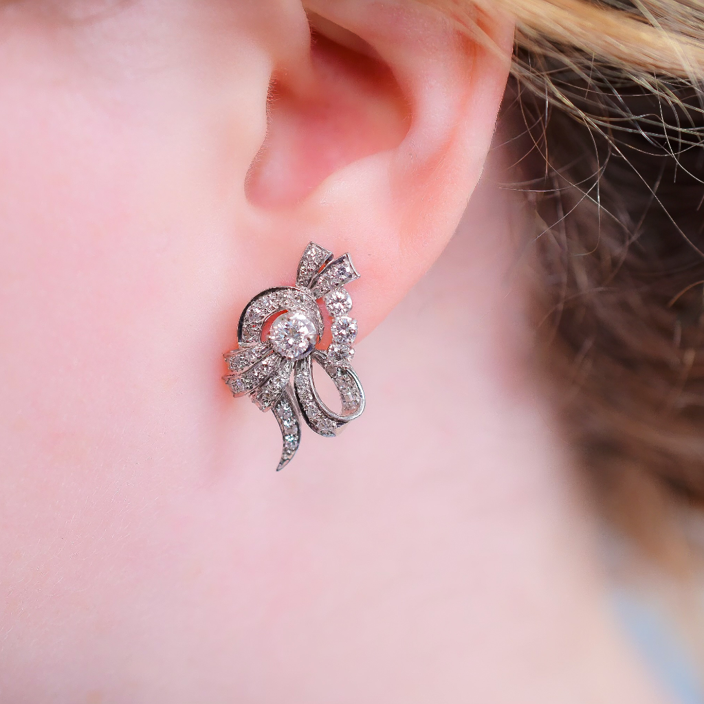 Vintage Retro Style 18ct White Gold Diamond Earrings - G Colour Diamonds / VS Colour Valuation For Retail Replacement For $10,730 AUD