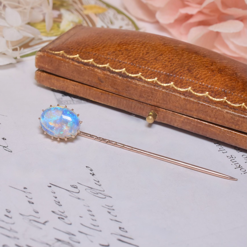 Antique Australian 9ct Rose Gold Lightning Ridge Dark Crystal Opal Stick Pin Circa 1900-1910