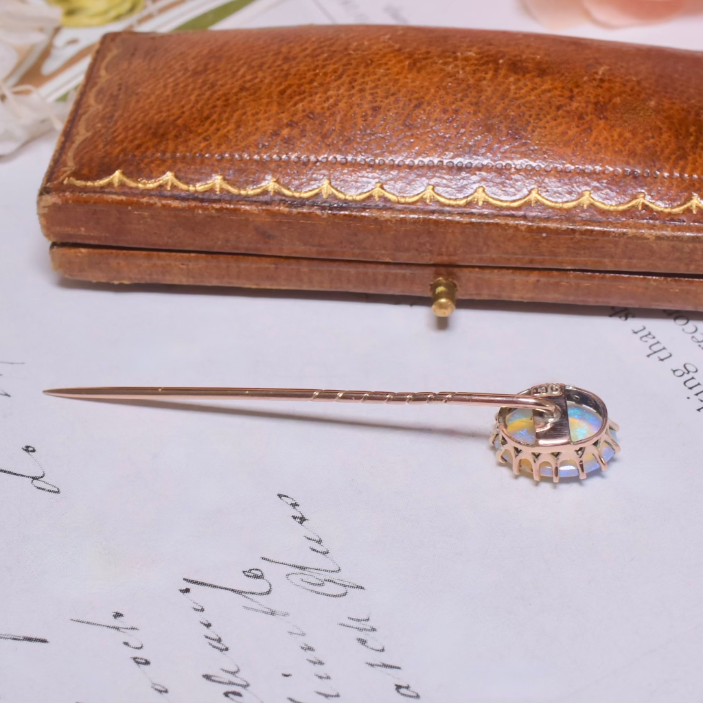 Antique Australian 9ct Rose Gold Lightning Ridge Dark Crystal Opal Stick Pin Circa 1900-1910