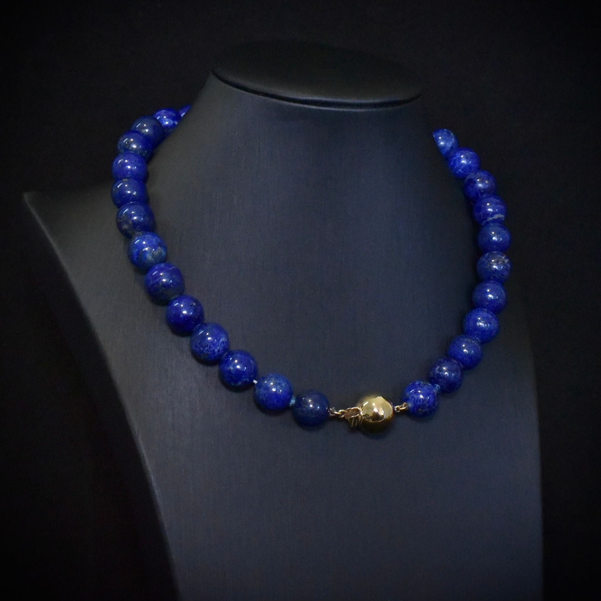 Modern 14ct Yellow Gold And Lapis Lazuli Bead Necklace