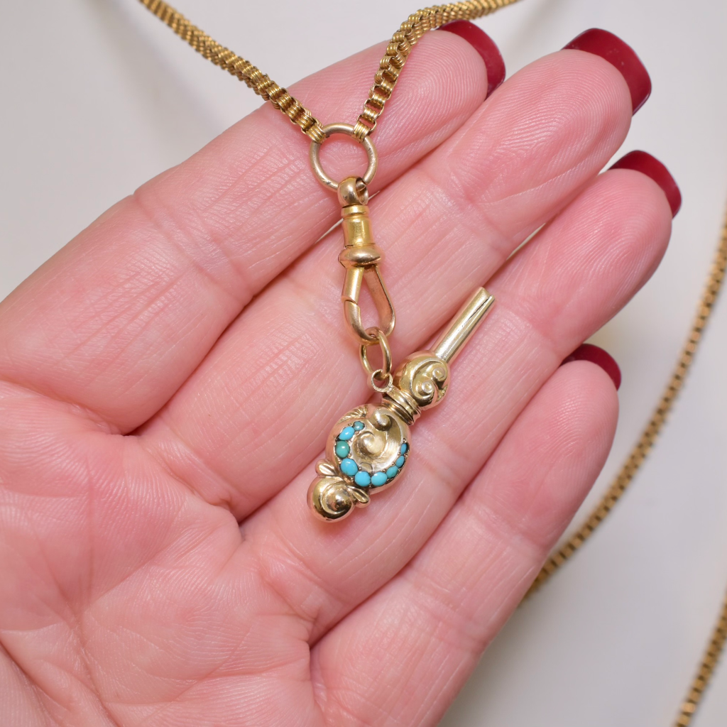 Antique Victorian 9ct Yellow Gold Turquoise Fob Watch Winder Circa 1890