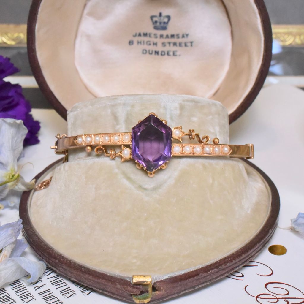 Antique Australian 15ct Rose Gold Amethyst And Seed Pearl Bangle - Thomas Gaunt, Melbourne Circa 1915