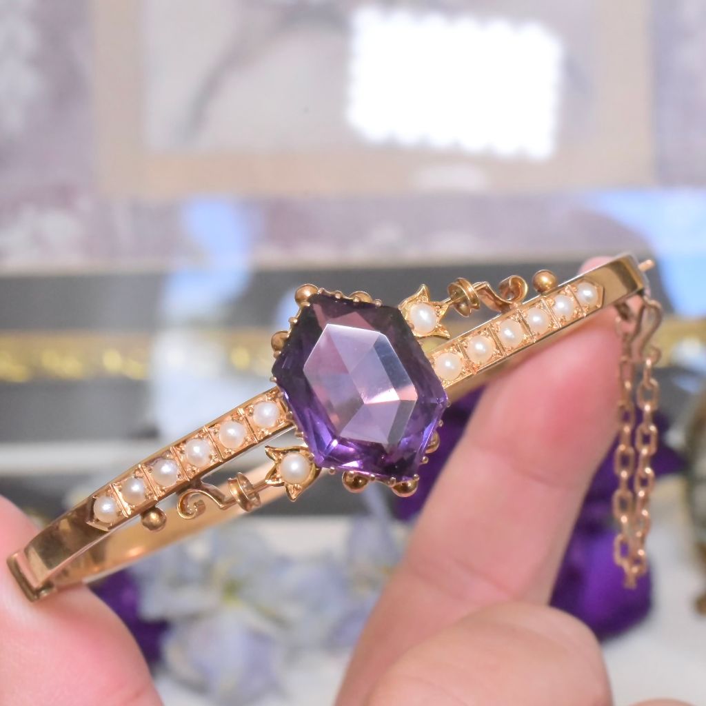 Antique Australian 15ct Rose Gold Amethyst And Seed Pearl Bangle - Thomas Gaunt, Melbourne Circa 1915