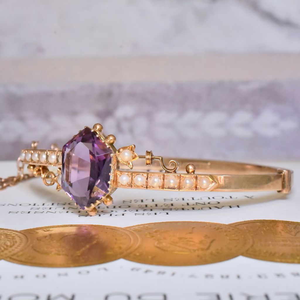 Antique Australian 15ct Rose Gold Amethyst And Seed Pearl Bangle - Thomas Gaunt, Melbourne Circa 1915