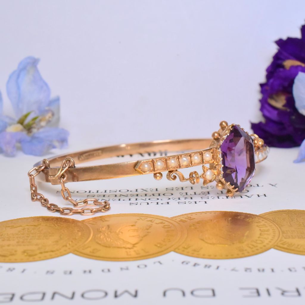 Antique Australian 15ct Rose Gold Amethyst And Seed Pearl Bangle - Thomas Gaunt, Melbourne Circa 1915