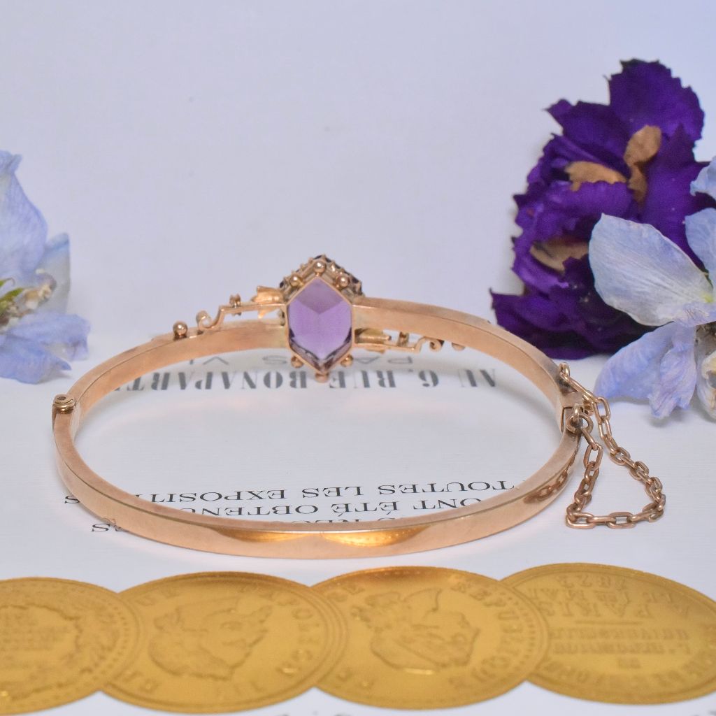Antique Australian 15ct Rose Gold Amethyst And Seed Pearl Bangle - Thomas Gaunt, Melbourne Circa 1915