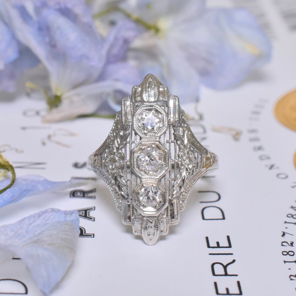 Antique Art Deco 18ct White Gold And Diamond ‘North To South’ /Dinner’ Ring Circa 1920-30’s