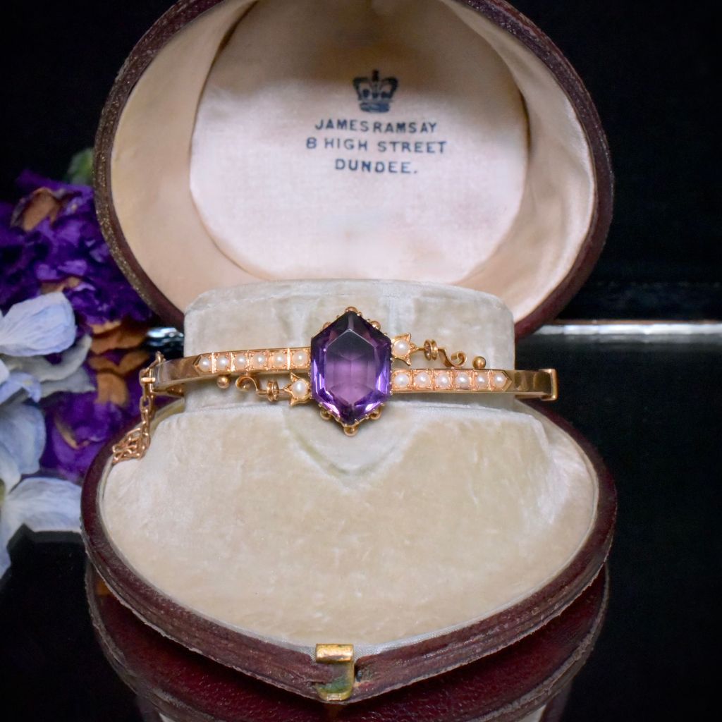 Antique Australian 15ct Rose Gold Amethyst And Seed Pearl Bangle - Thomas Gaunt, Melbourne Circa 1915