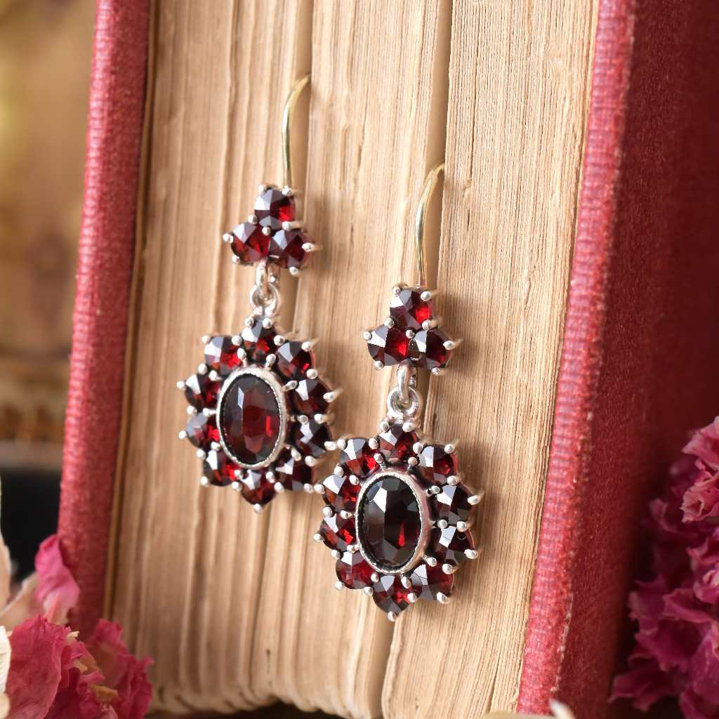 Vintage Mid Century 14ct And Sterling Silver Bohemian Garnet Earrings