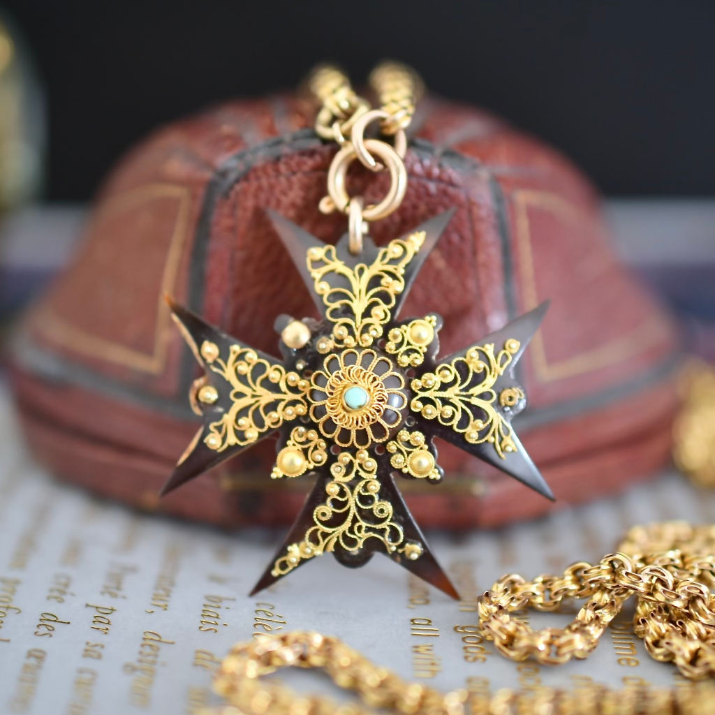 Antique Georgian Tortoiseshell Turquoise 14ct Gold Maltese Cross And Earrings Circa 1825