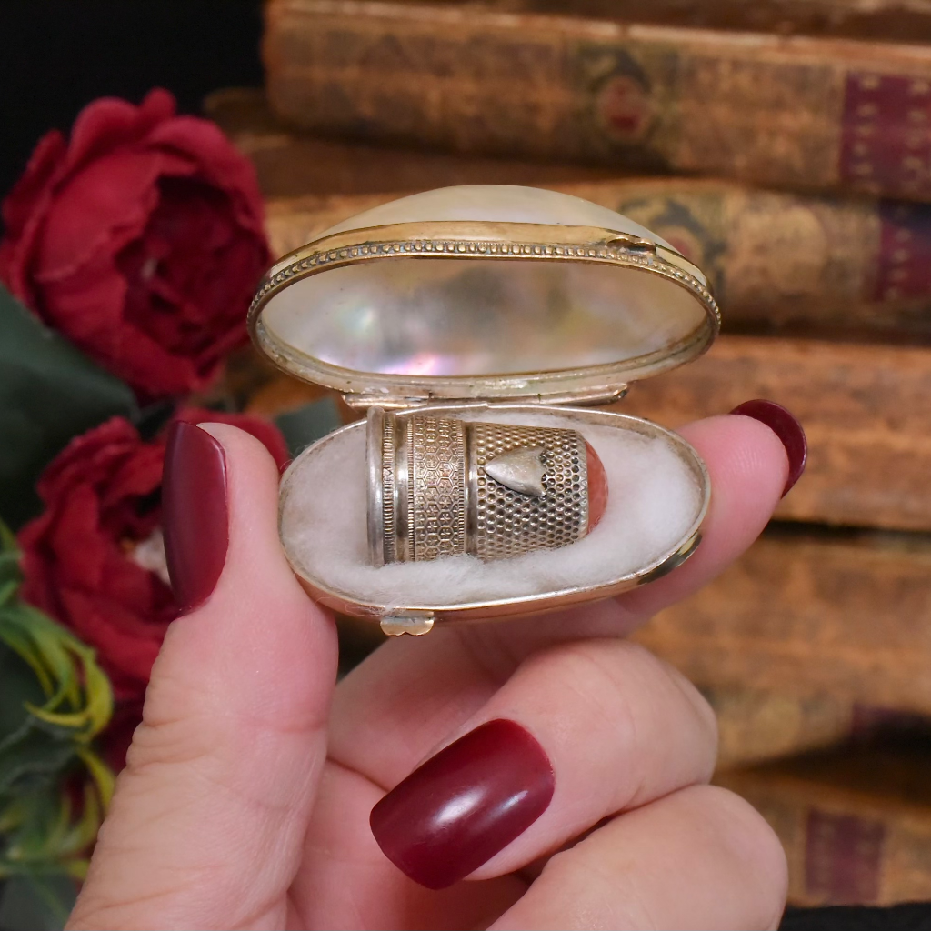 Antique Mother Of Pearl Thimble Case With Silver Thimble Circa 1900