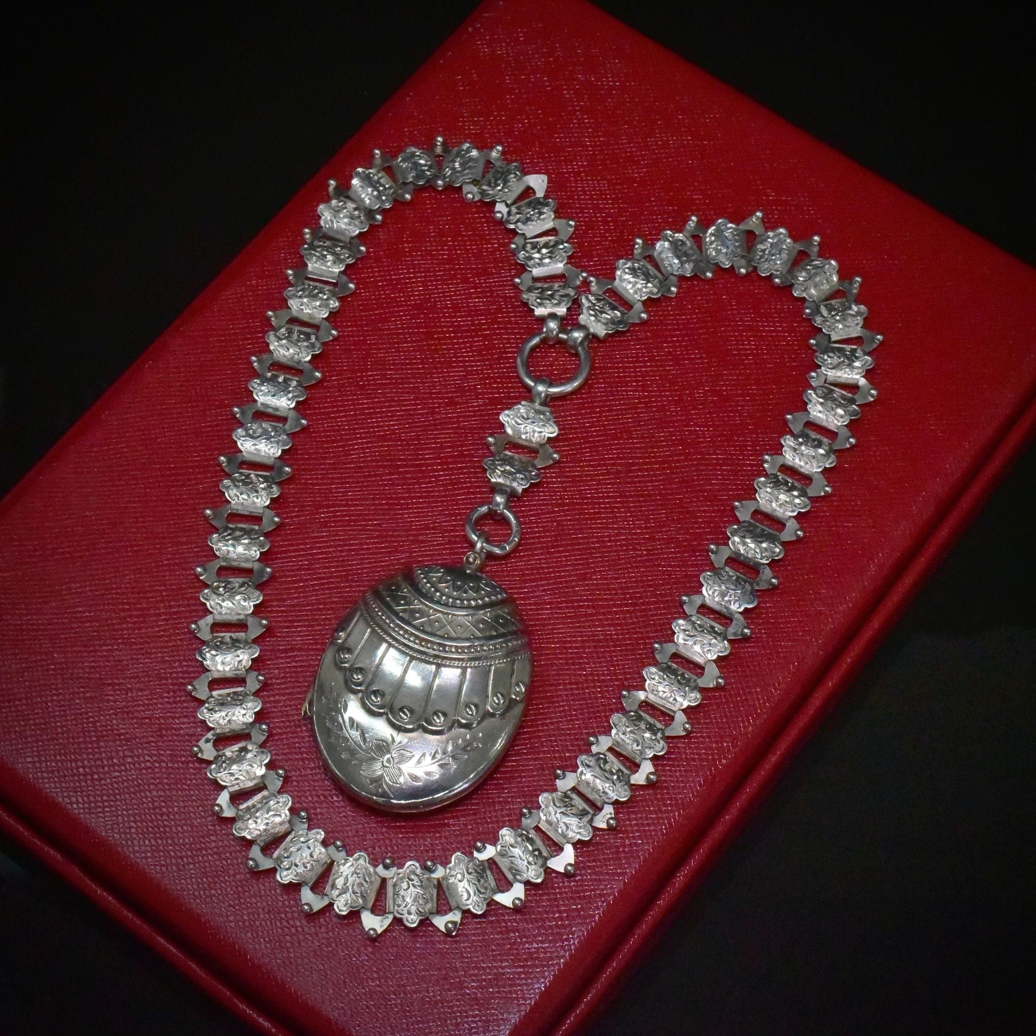 Antique Victorian Silver Book Chain And Large Locket Circa 1889-90