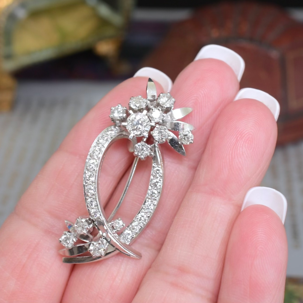 Vintage Retro Era 18ct White Gold Diamond Floral Spray Brooch - 2.37ct Diamonds Valuation For Retail Replacement For $10,590 AUD