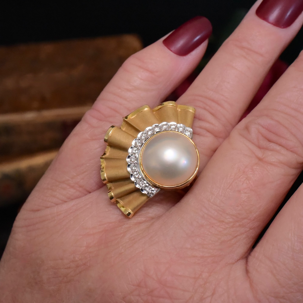 Vintage Retro Era 14ct Yellow Gold Diamond & Mabe Pearl Ring circa 1950-60’s