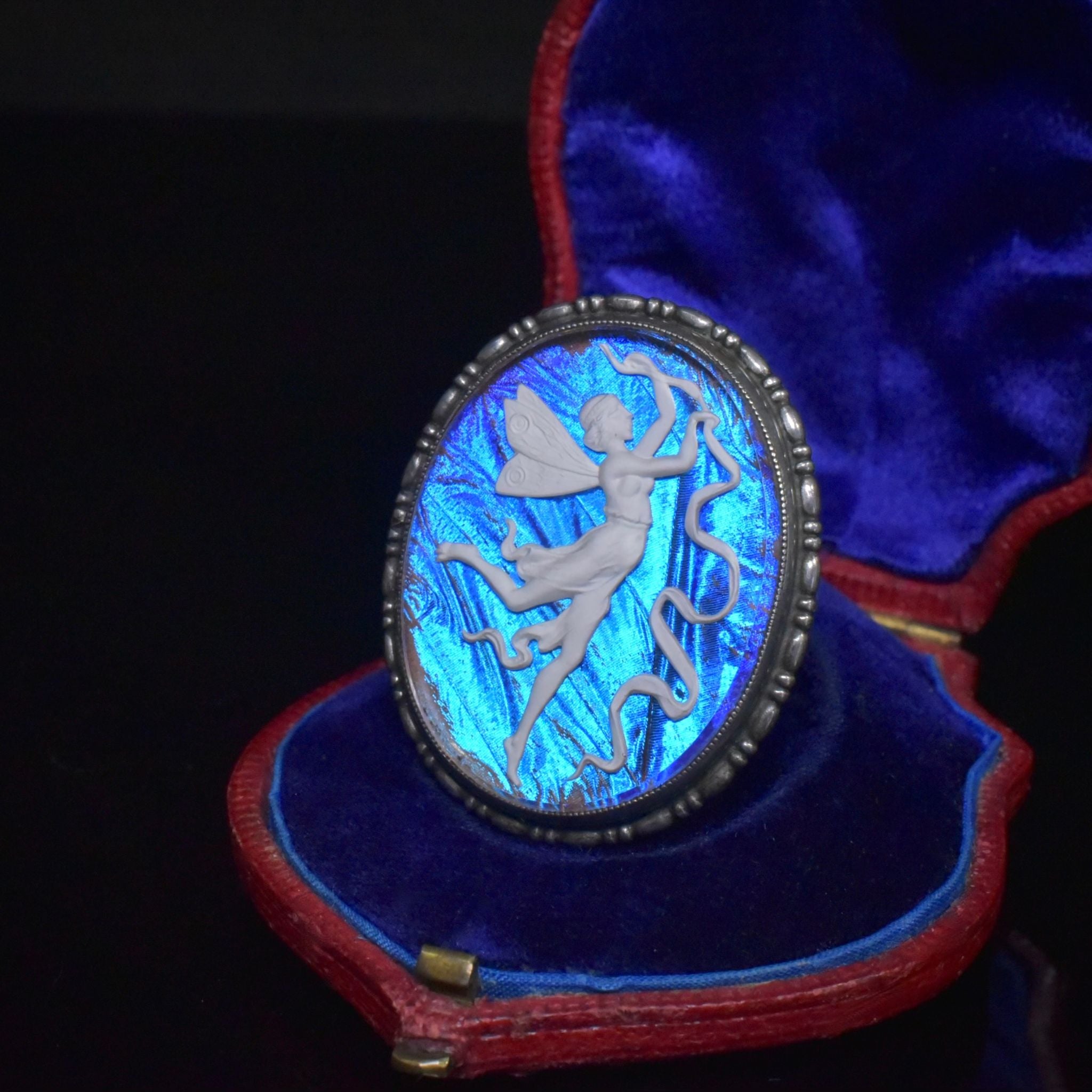 Antique Art Nouveau Morpho Butterfly Wing Sulfide Cameo Sterling Silver Brooch Circa 1910-15