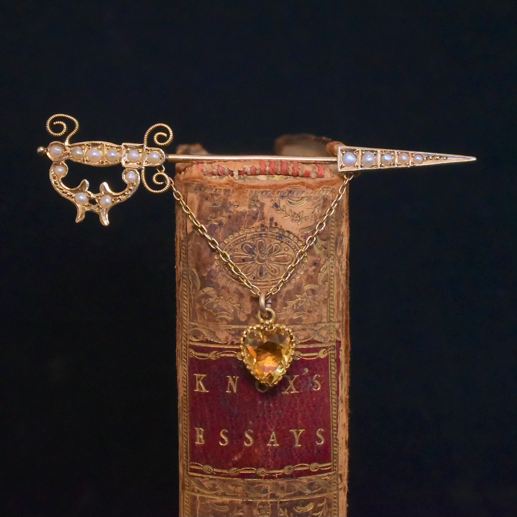 Antique Australian 15ct Rose Gold Heart Cut Citrine & Seed Pearl ‘Jabot Pin’ By Willis And Sons