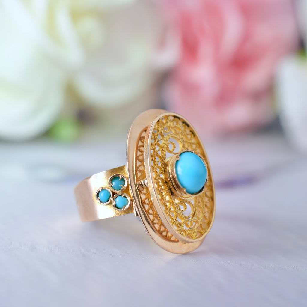 Vintage 18ct Rose Gold Turquoise Filigree Ring