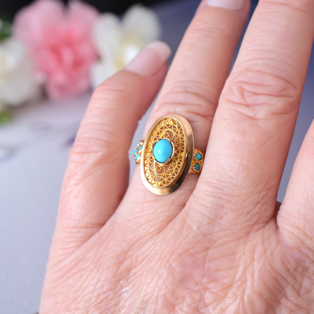 Vintage 18ct Rose Gold Turquoise Filigree Ring