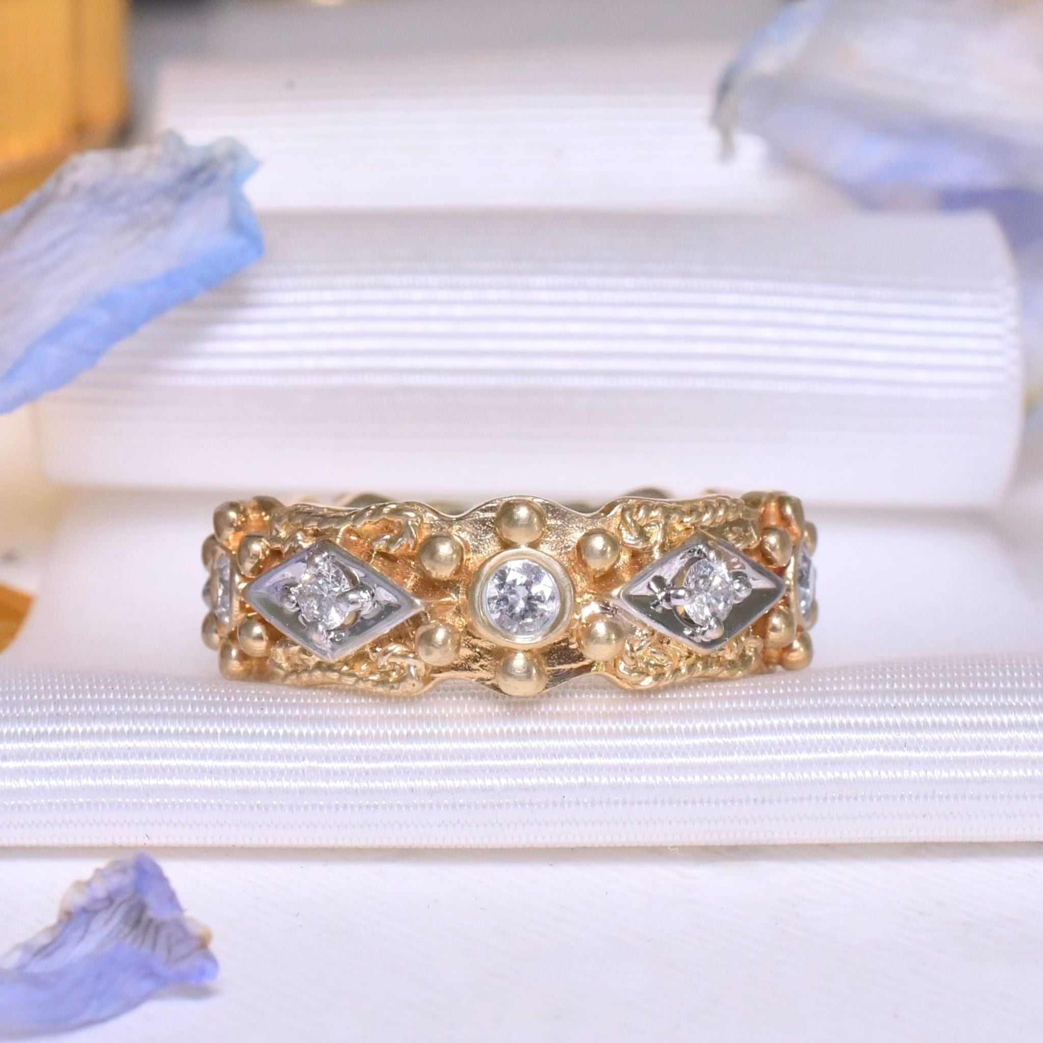 Modern 14ct Yellow Gold And Five Diamond Ornate Near Full Hoop Ring By Morris & David - New York