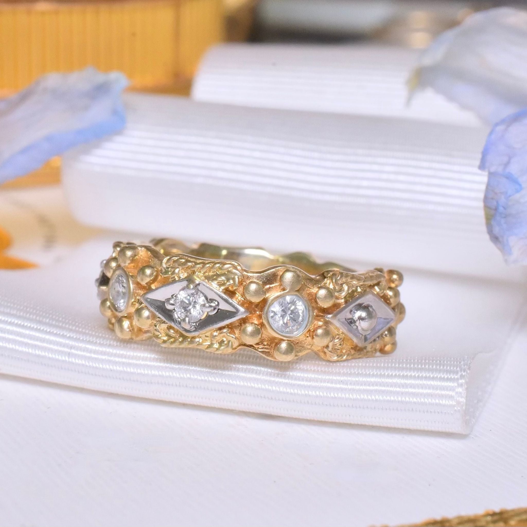 Modern 14ct Yellow Gold And Five Diamond Ornate Near Full Hoop Ring By Morris & David - New York