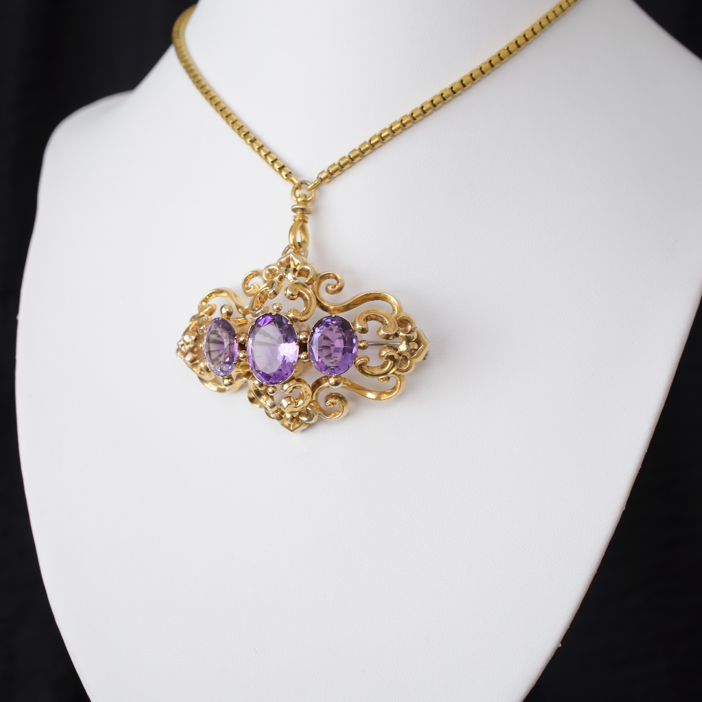 Antique Victorian 9ct Yellow Gold And Amethyst Brooch
