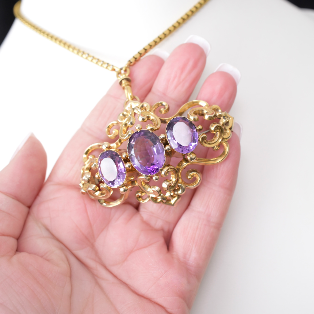 Antique Victorian 9ct Yellow Gold And Amethyst Brooch