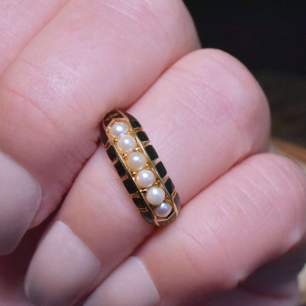 Antique Victorian 18ct Yellow Gold Pearl And Enamel Ring - Birmingham 1879