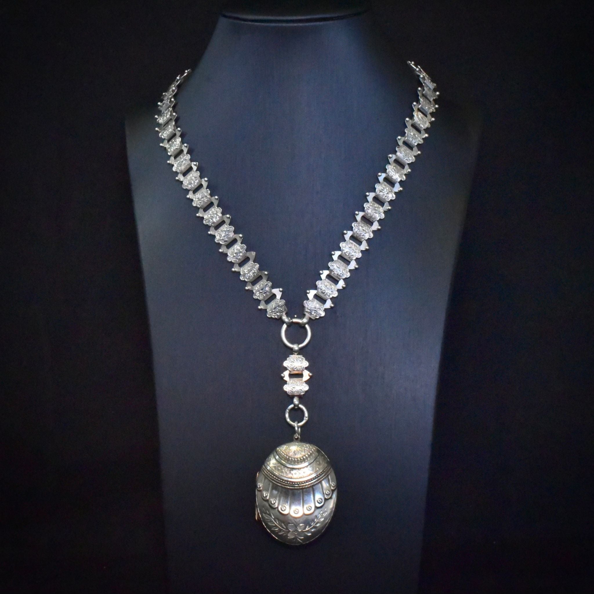 Antique Victorian Silver Book Chain And Large Locket Circa 1889-90