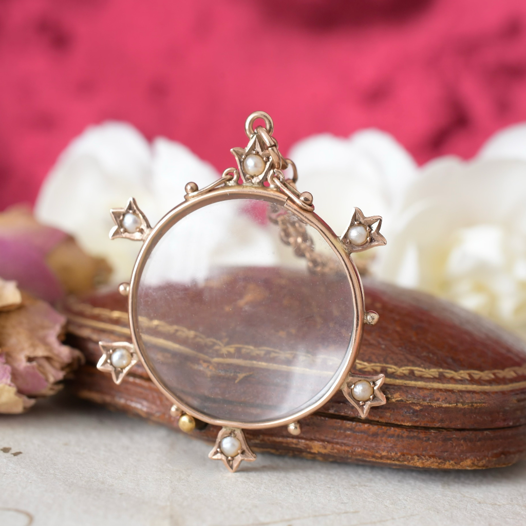 Antique Edwardian Era 9ct Rose Gold And Pearl Double Sided Photo Locket