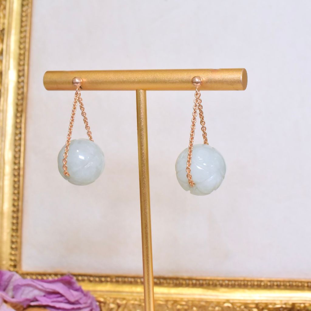 Estate 18ct Rose Gold Carved Jadeite Sphere Earrings