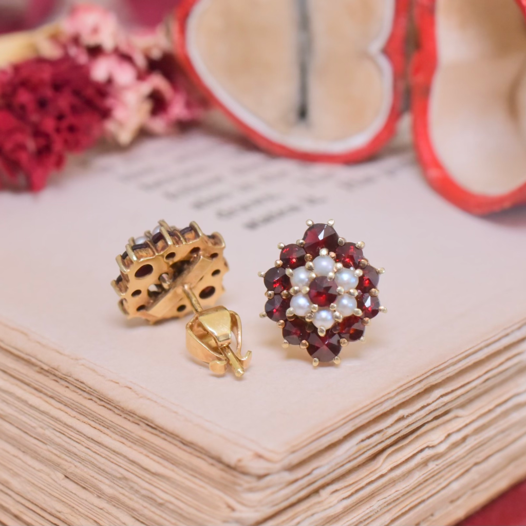 Vintage 14ct Yellow Gold Garnet And Pearl Earrings