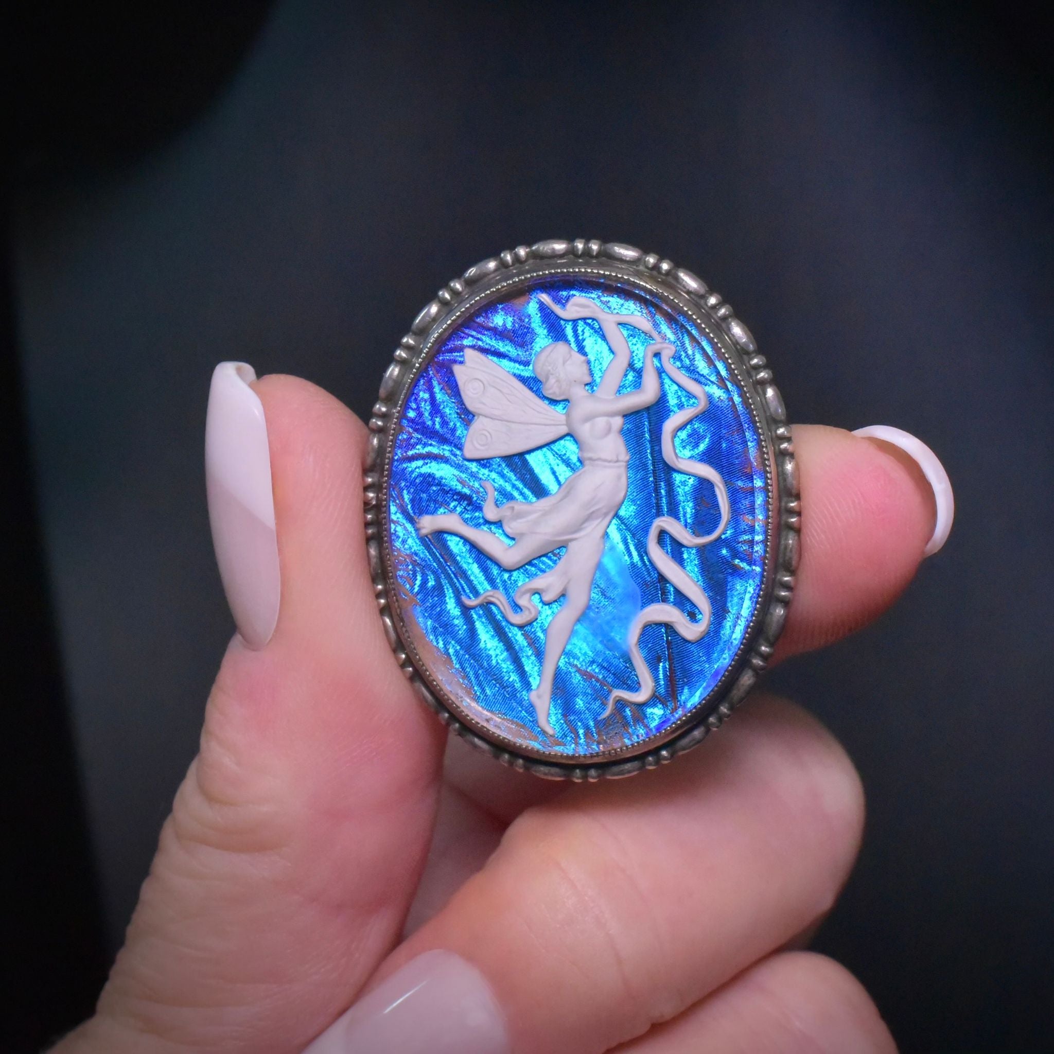 Antique Art Nouveau Morpho Butterfly Wing Sulfide Cameo Sterling Silver Brooch Circa 1910-15