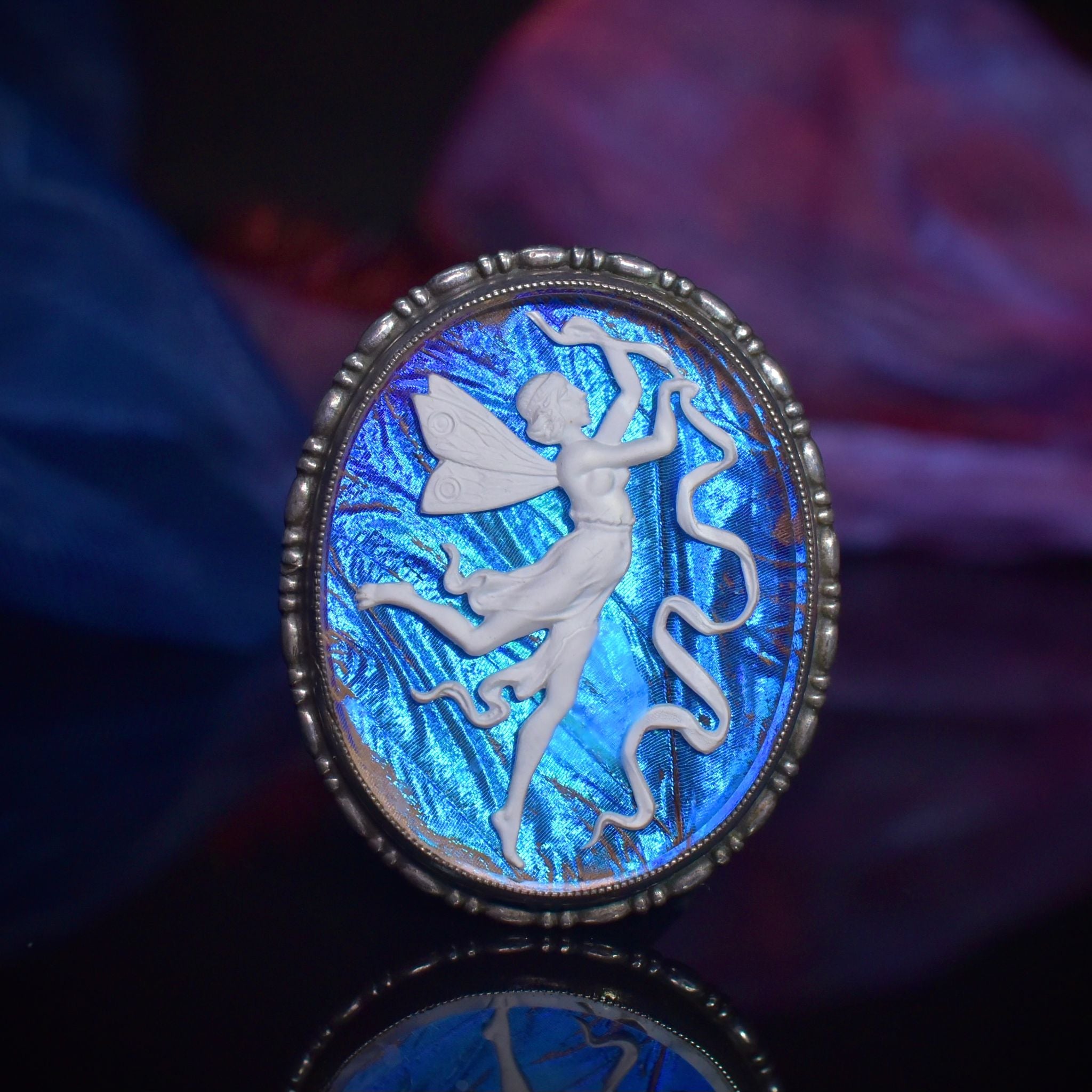 Antique Art Nouveau Morpho Butterfly Wing Sulfide Cameo Sterling Silver Brooch Circa 1910-15