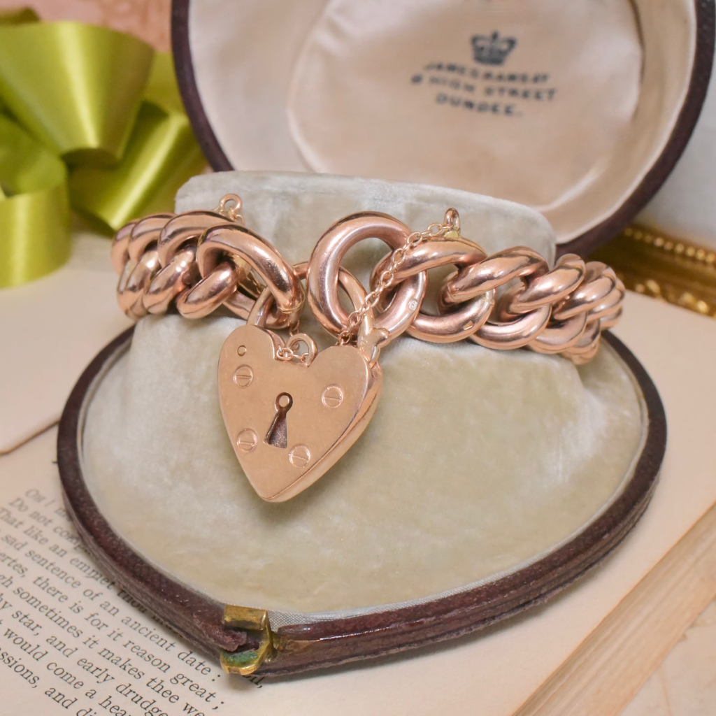 Vintage Heavy 9ct Rose Gold Heart Padlock Curb-Link Bracelet - 52 Grams