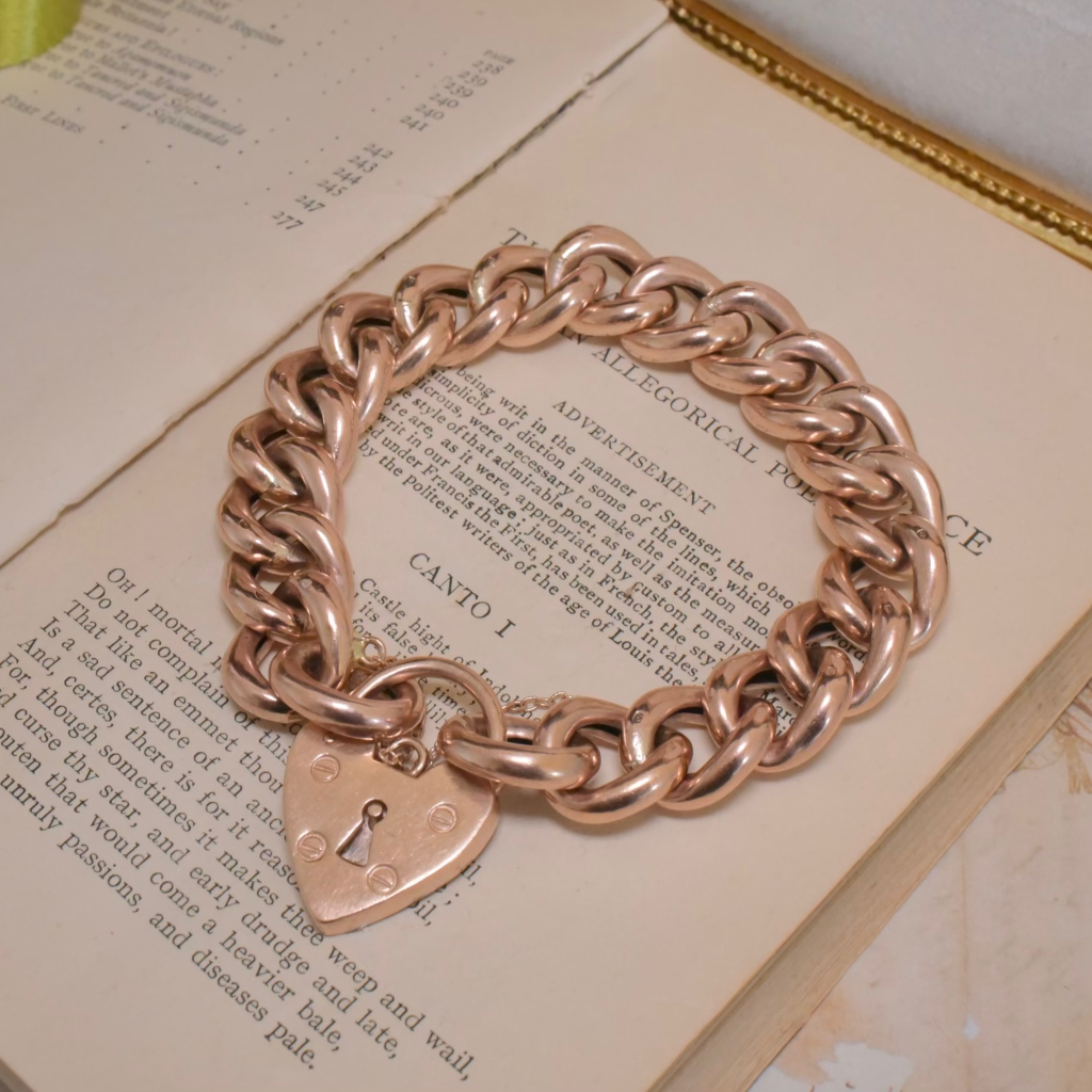 Vintage Heavy 9ct Rose Gold Heart Padlock Curb-Link Bracelet - 52 Grams
