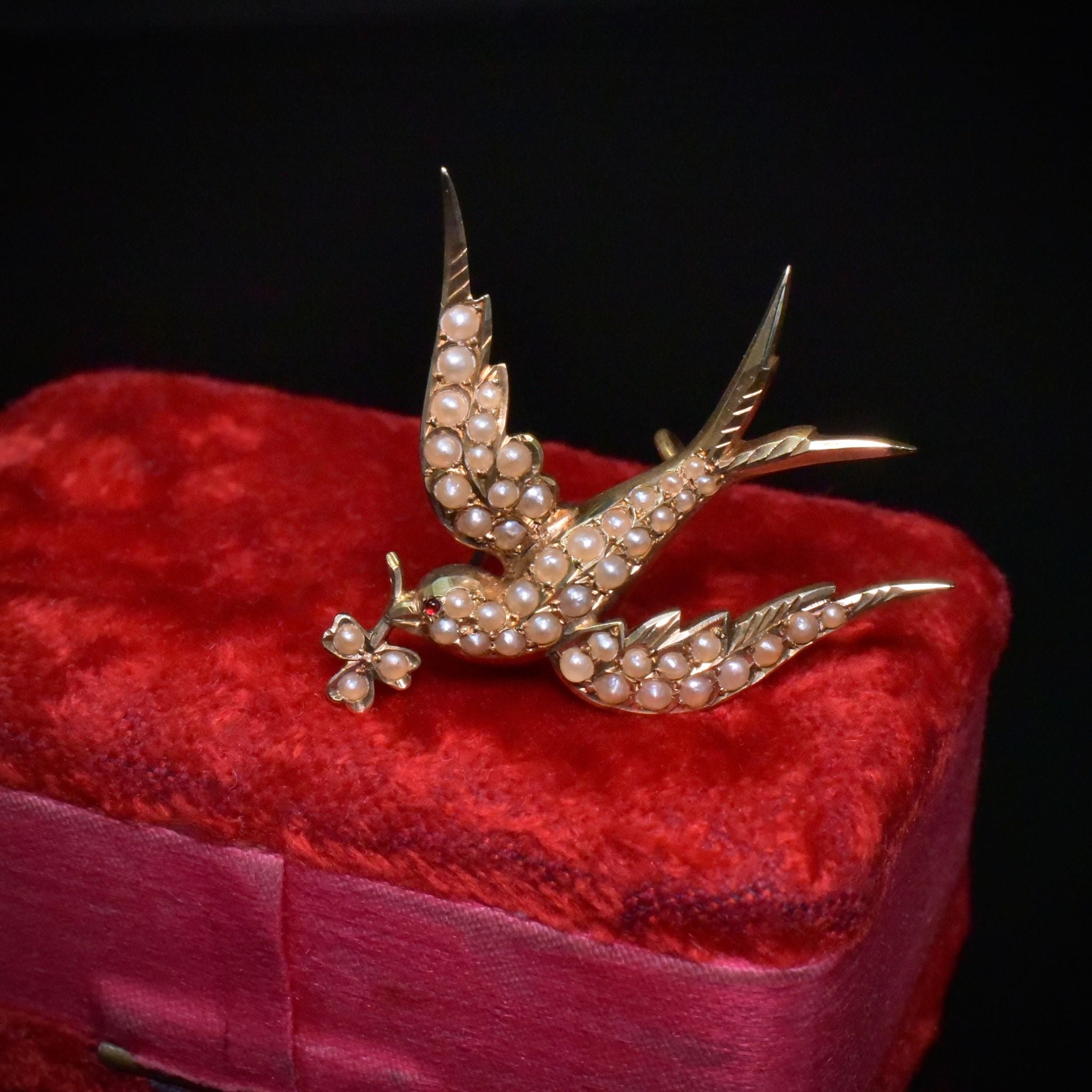 Antique Australian 15ct Rose Gold And Seed Pearl ‘Swallow of Luck’ Brooch Circa 1915