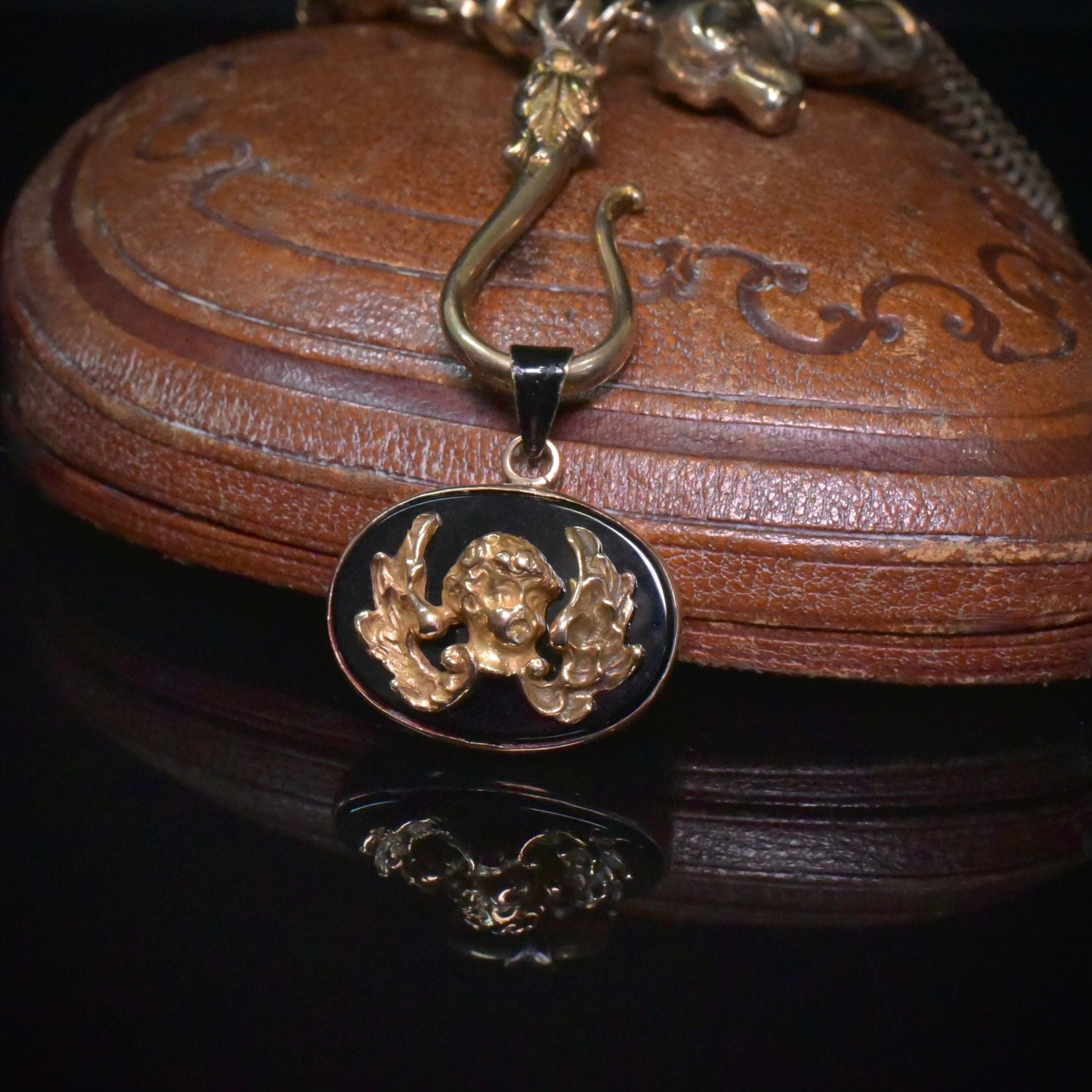 Antique Victorian 15ct Rose Gold And Onyx ‘Winged Cherub’ Pendant Circa 1890