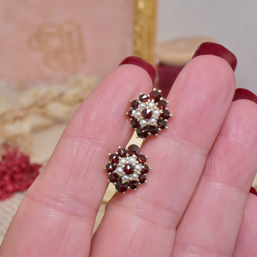 Vintage 14ct Yellow Gold Garnet And Pearl Earrings