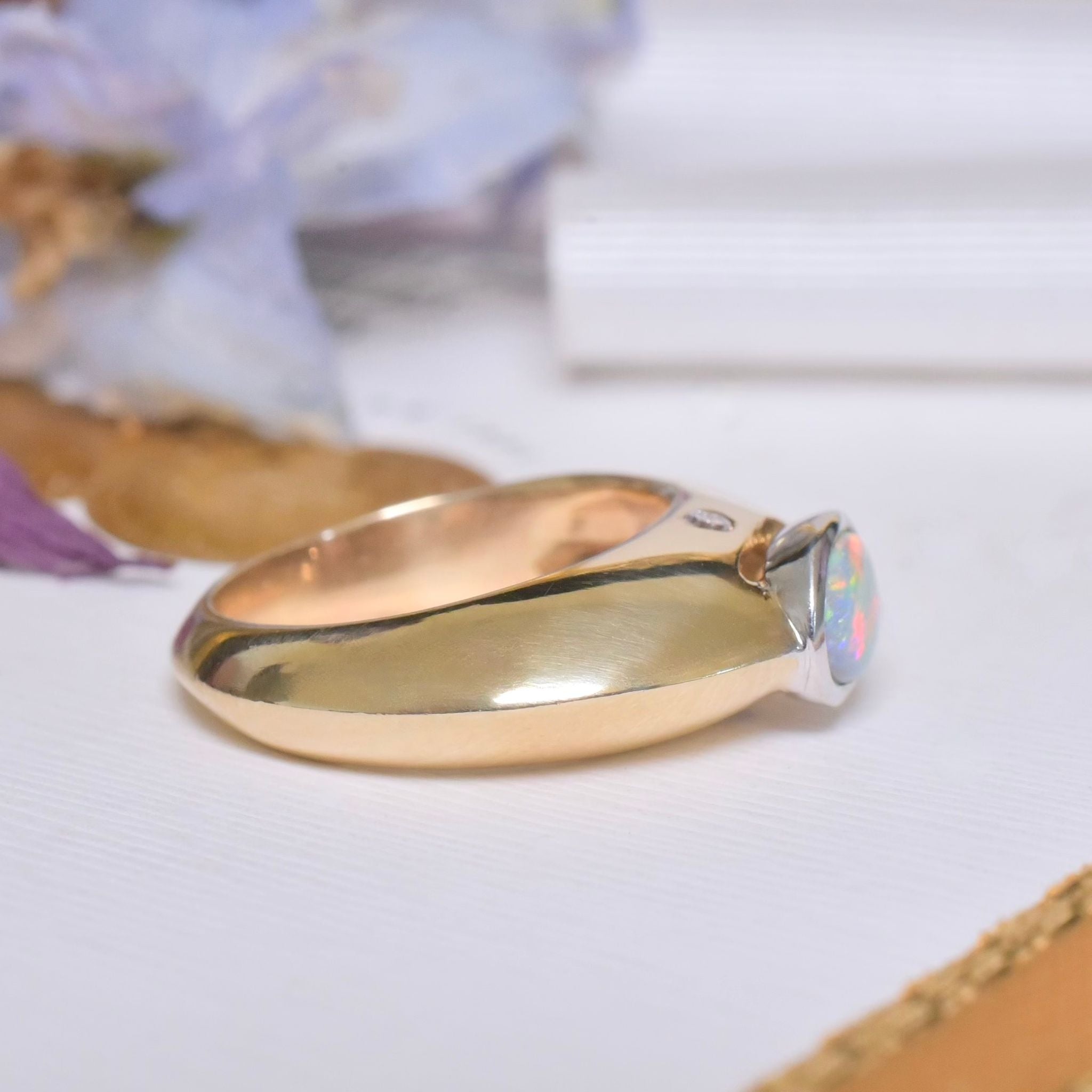 Contemporary 9ct Yellow Gold solid Opal And Diamond Ring