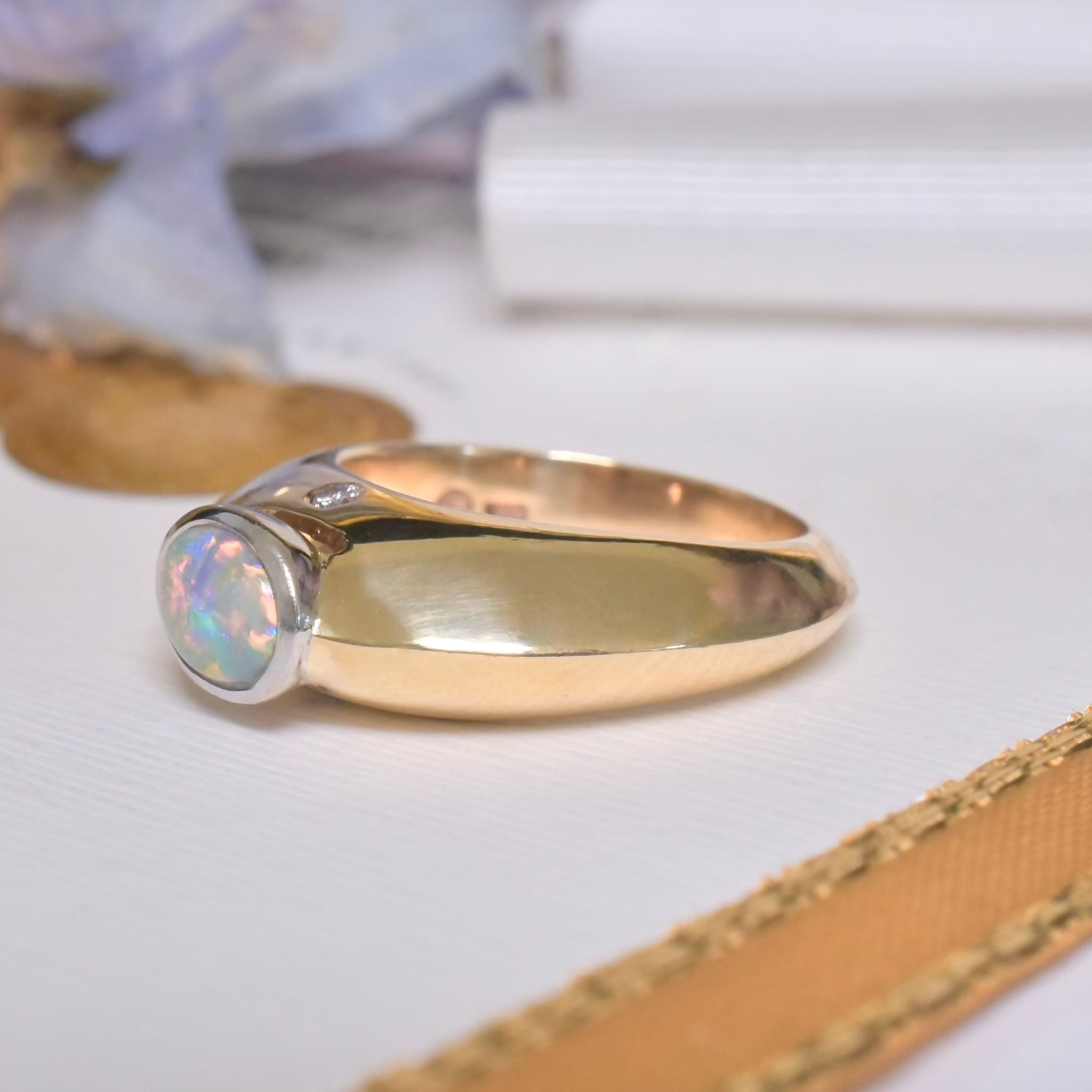 Contemporary 9ct Yellow Gold solid Opal And Diamond Ring