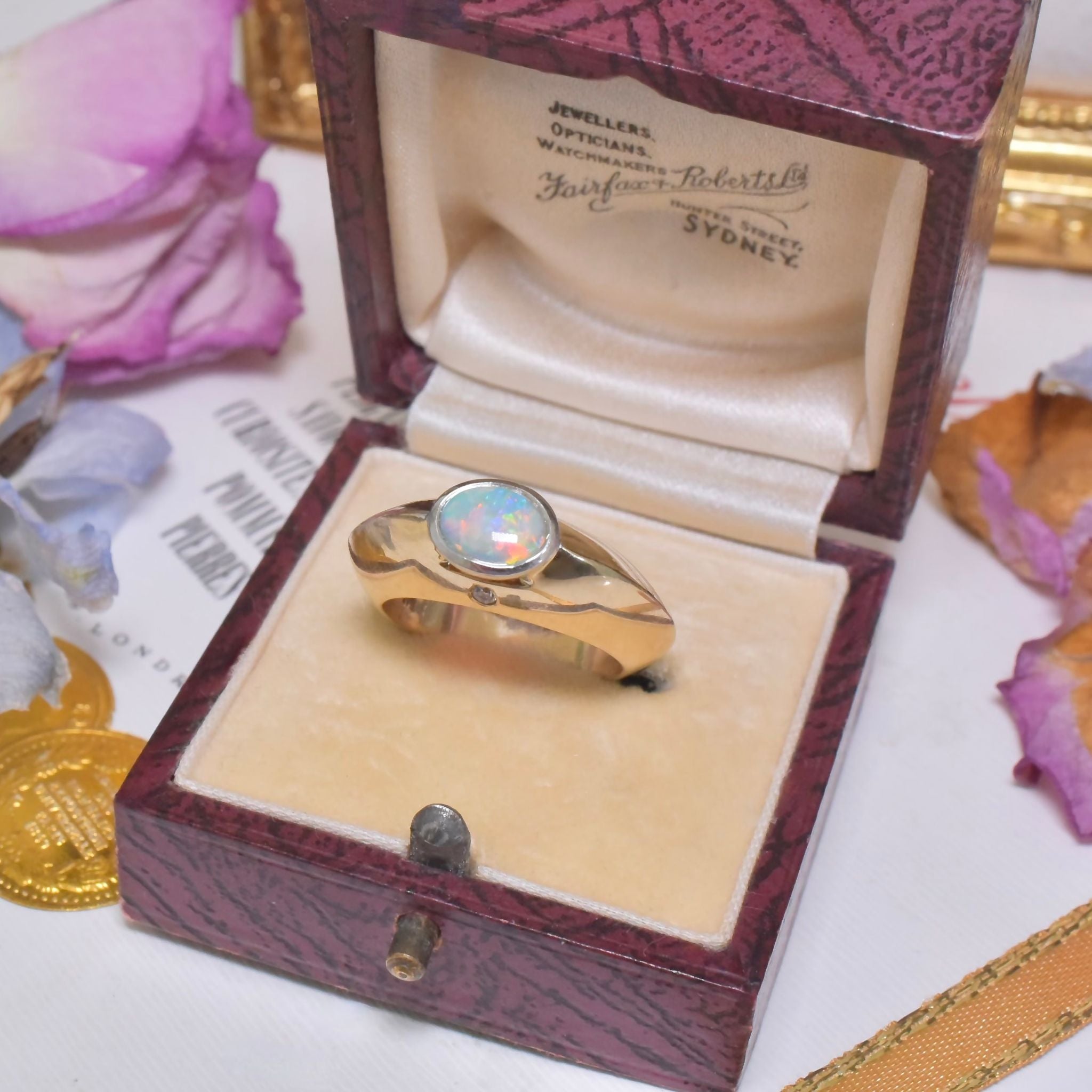 Contemporary 9ct Yellow Gold solid Opal And Diamond Ring
