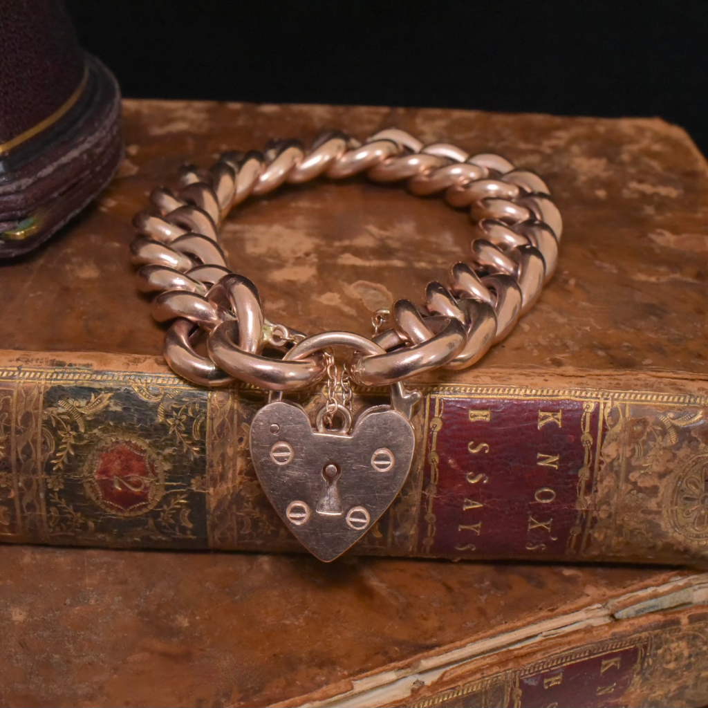 Vintage Heavy 9ct Rose Gold Heart Padlock Curb-Link Bracelet - 52 Grams