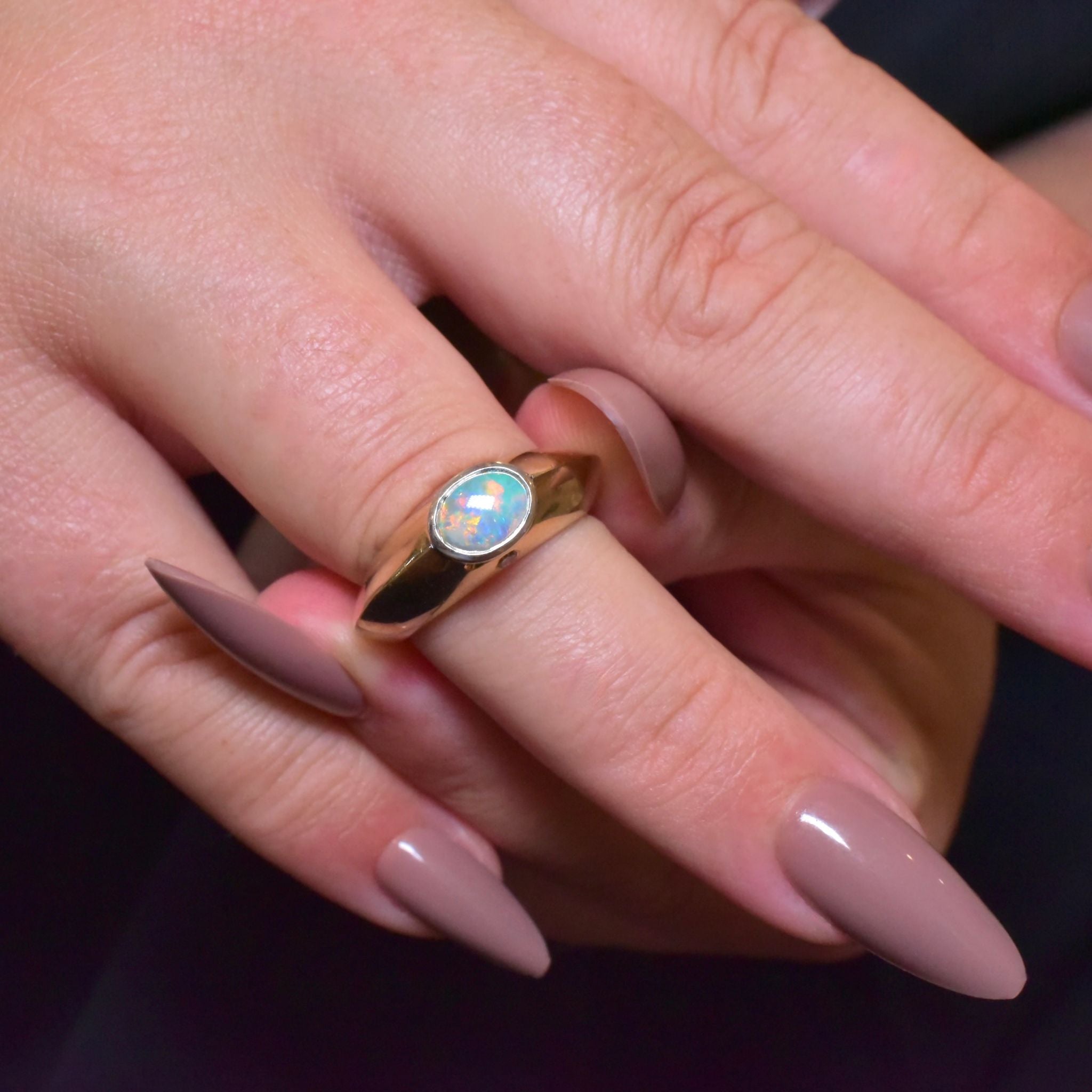 Contemporary 9ct Yellow Gold solid Opal And Diamond Ring