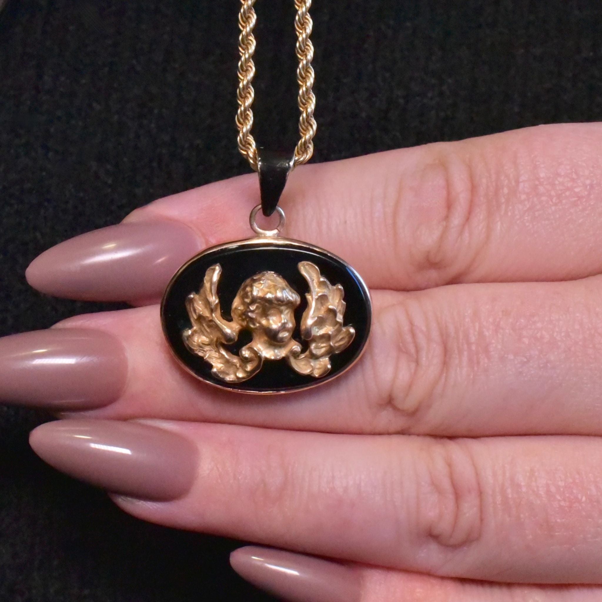 Antique Victorian 15ct Rose Gold And Onyx ‘Winged Cherub’ Pendant Circa 1890