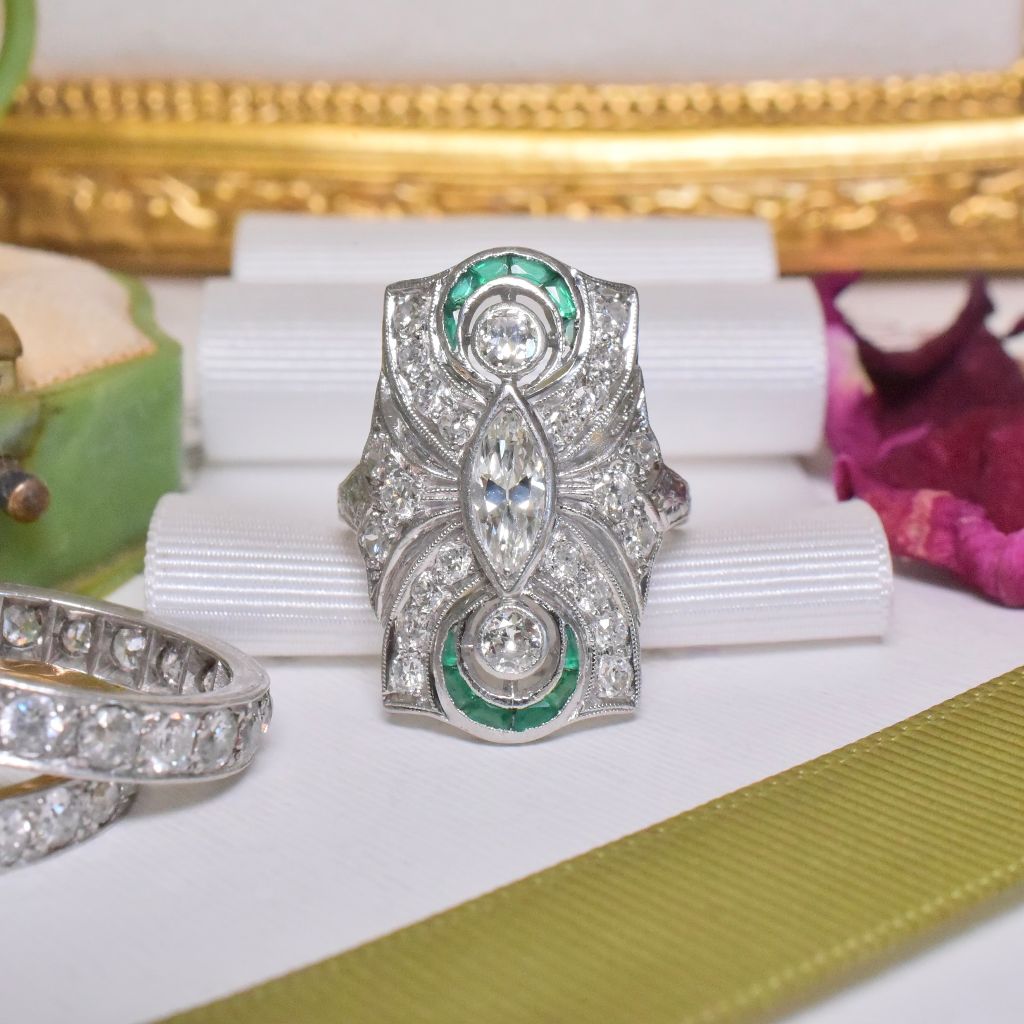 Antique Art Deco Solid Platinum Diamond And Emerald Dinner Ring - 1.45ct Circa 1920-1925