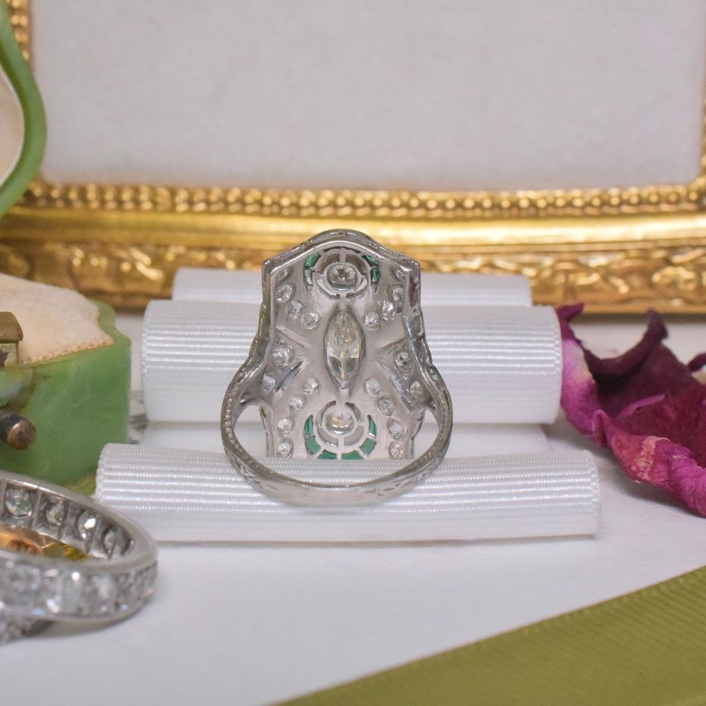 Antique Art Deco Solid Platinum Diamond And Emerald Dinner Ring - 1.45ct Circa 1920-1925